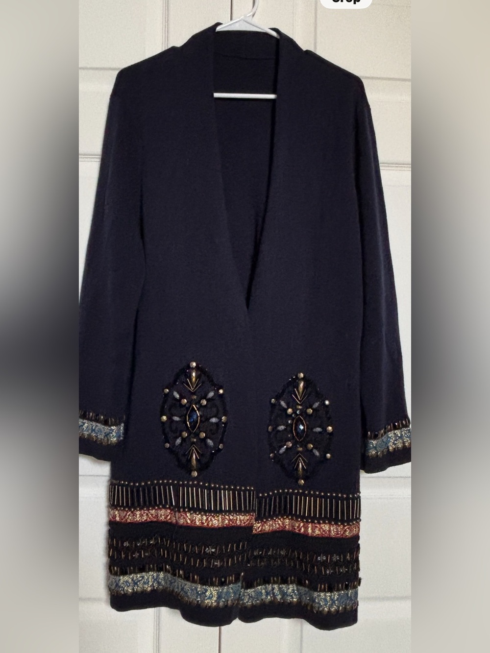 Chico’s Navy Embellished Open Front Long Cardigan Approx L/XL 24” P2P Beaded